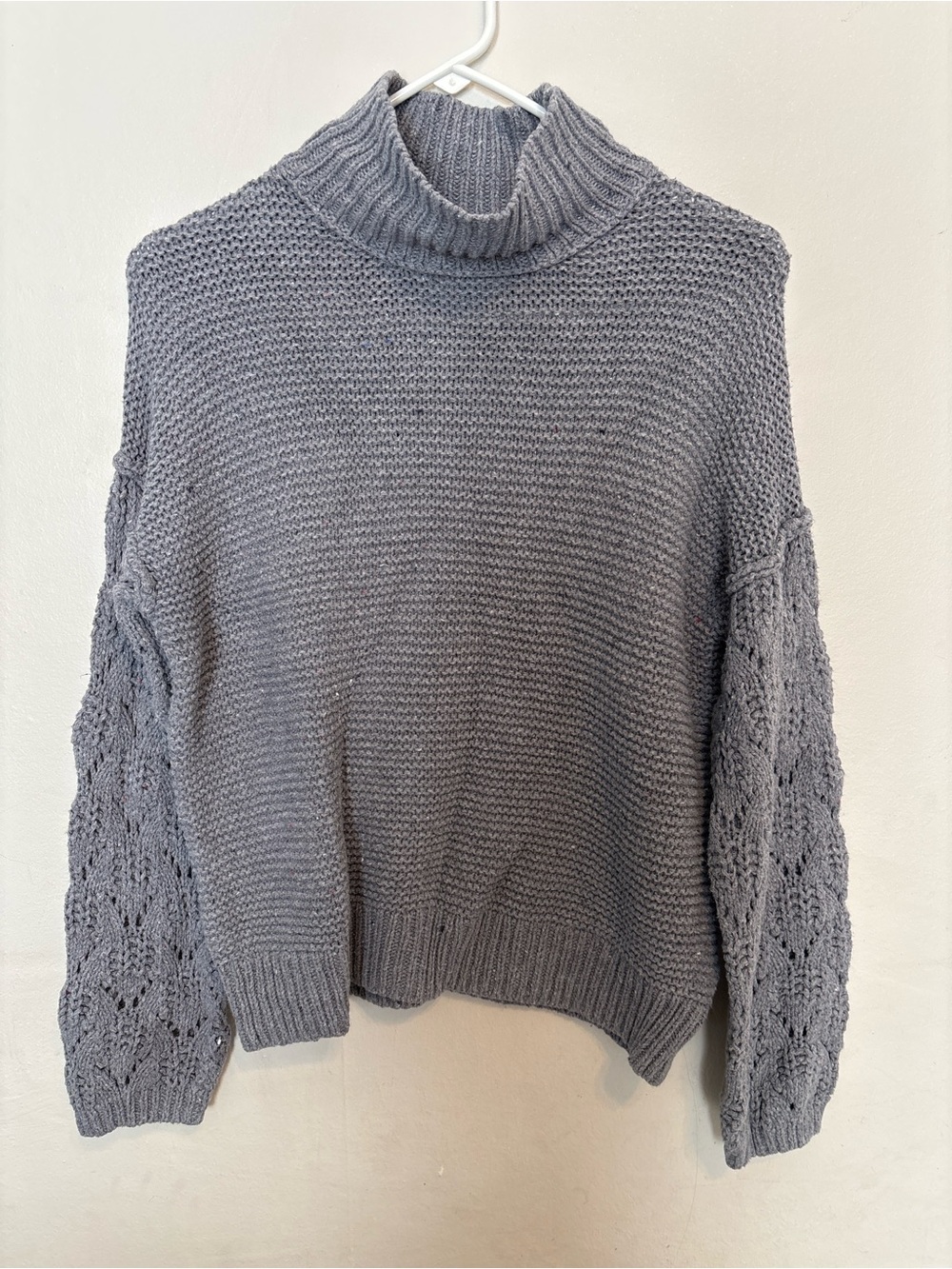 Universal Thread Grey Knit Turtleneck Sweater with Lace-Pattern Sleeves
